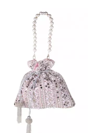 Roselia Mirror Embellished Potli Bag – Blush Pink Elegance (9 x 8.5 in)
