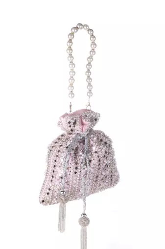 Roselia Mirror Embellished Potli Bag – Blush Pink Elegance (9 x 8.5 in)