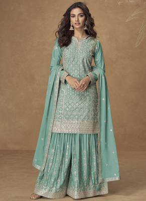 Sea green chinon silk embroidered palazzo suit 1