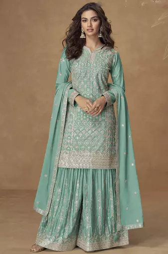 Sea green chinon silk embroidered palazzo suit