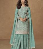 Sea green chinon silk embroidered palazzo suit