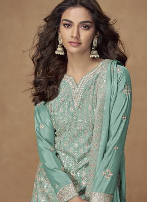 Sea green chinon silk embroidered palazzo suit 2