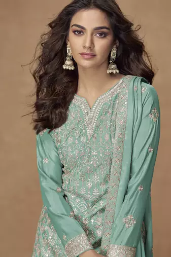 Sea green chinon silk embroidered palazzo suit