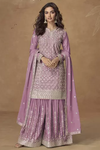 Onion pink chinon silk embroidered palazzo suit