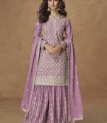 Onion pink chinon silk embroidered palazzo suit