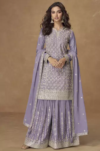 Lavender chinon silk embroidered palazzo suit