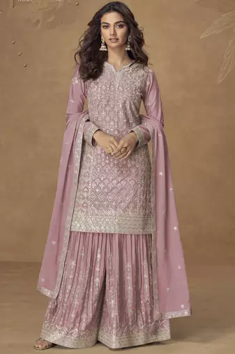 Light pink chinon silk embroidered deiigner plazzo suit