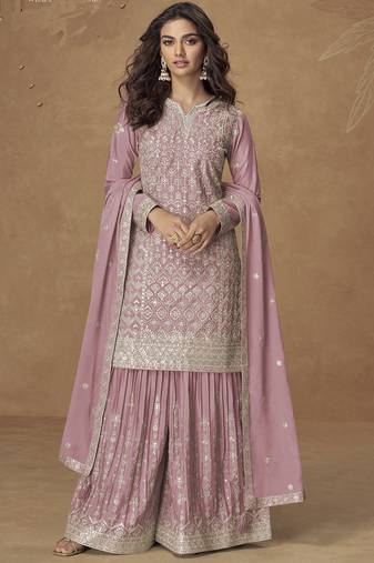 Light pink chinon silk embroidered deiigner plazzo suit