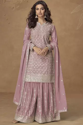 Light pink chinon silk embroidered deiigner plazzo suit