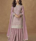 Light pink chinon silk embroidered deiigner Palazzo suit