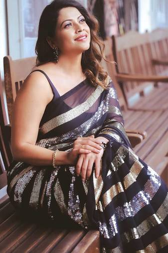 black triple sequin embroidered georgette saree