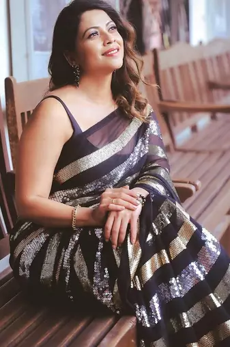 black triple sequin embroidered georgette saree