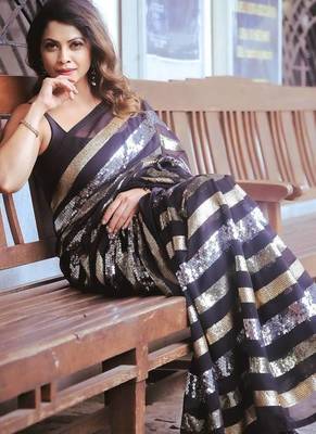 black triple sequin embroidered georgette saree 3