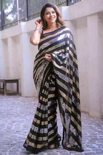 black triple sequin embroidered georgette saree
