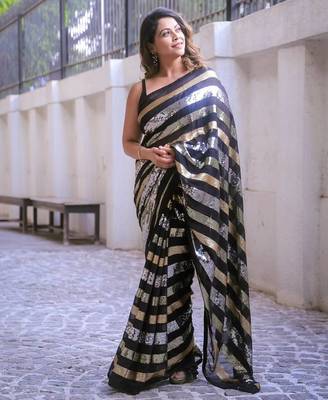 black triple sequin embroidered georgette saree 4