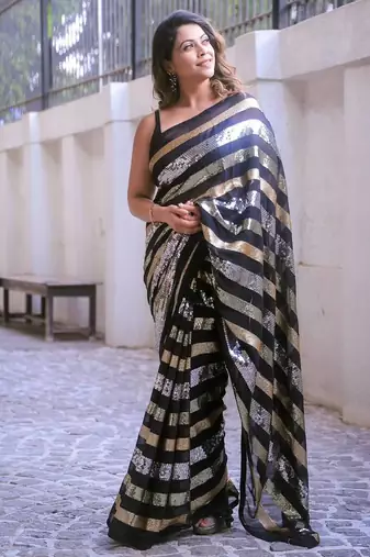 black triple sequin embroidered georgette saree