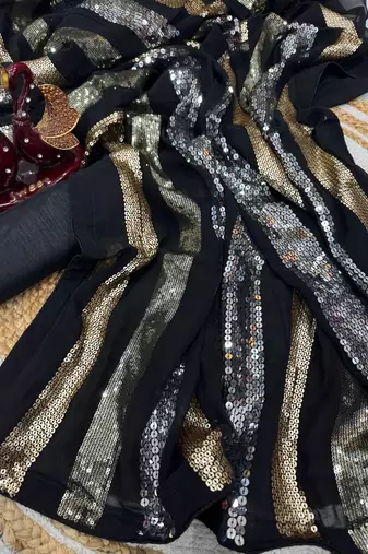 black triple sequin embroidered georgette saree