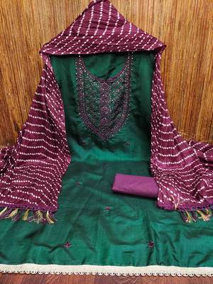 Women's dark green embroidered dress material 2