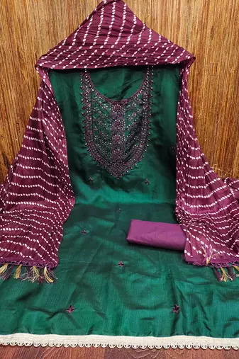 Women's dark green embroidered dress material