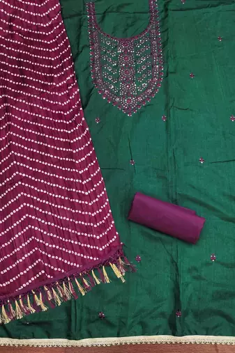 Women's dark green embroidered dress material