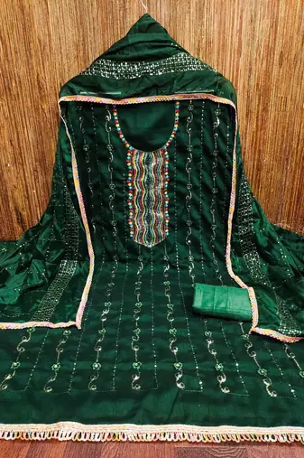Women's dark green embroidered dress material