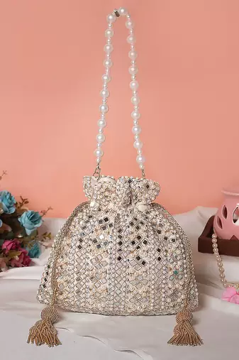 Ivory Lume Mirror Embellished Potli Bag – Golden Grace (9 x 8.5 in)