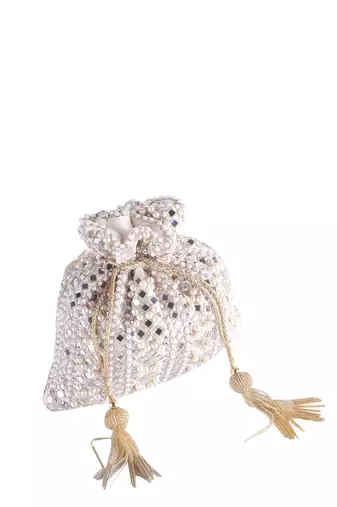 Ivory Lume Mirror Embellished Potli Bag – Golden Grace (9 x 8.5 in)