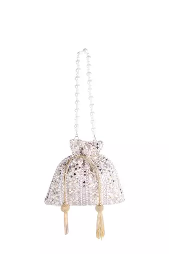 Ivory Lume Mirror Embellished Potli Bag – Golden Grace (9 x 8.5 in)