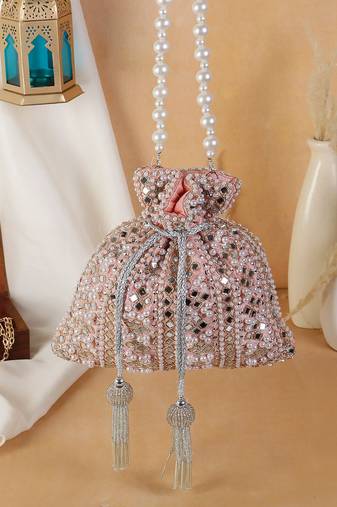 Peach Blush Mirror Embellished Potli Bag – Soft Radiance (9 x 8.5 in)