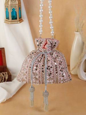 Peach Blush Mirror Embellished Potli Bag – Soft Radiance (9 x 8.5 in) 1