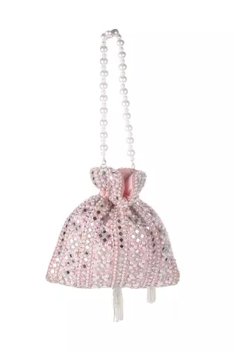 Peach Blush Mirror Embellished Potli Bag – Soft Radiance (9 x 8.5 in)