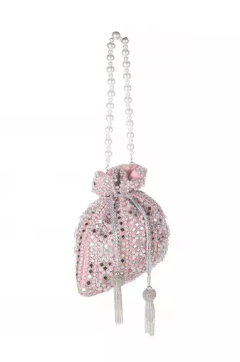 Peach Blush Mirror Embellished Potli Bag – Soft Radiance (9 x 8.5 in)
