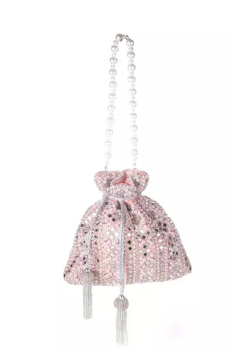 Peach Blush Mirror Embellished Potli Bag – Soft Radiance (9 x 8.5 in)