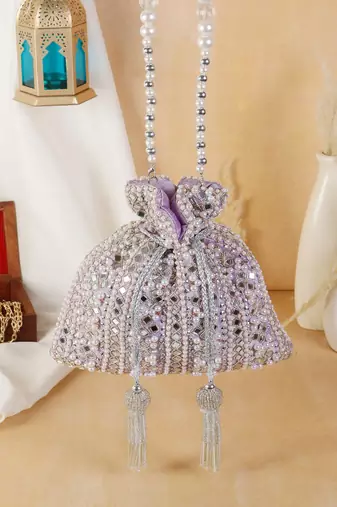 Lilac Frost Mirror Embellished Potli Bag – Lavender Luxe (9 x 8.5 in)
