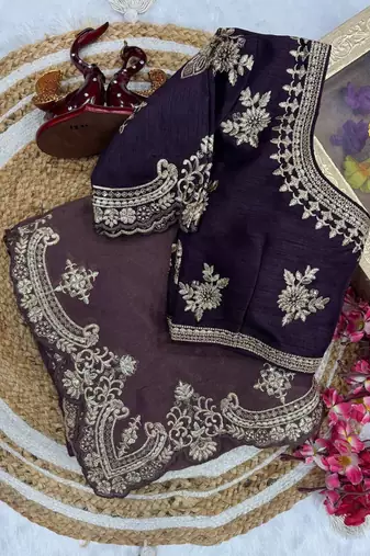 Coffee Zari Embroidered Copper Gold Weave Silk blend Saree