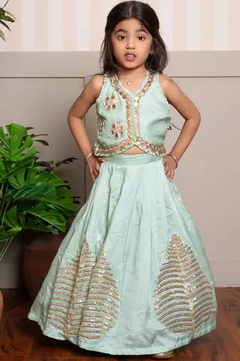 Green embroidered silk lehenga