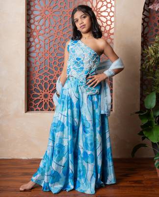 Blue printed crepe lehenga 1