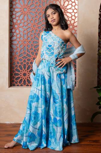 Blue printed crepe lehenga