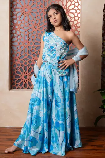 Blue printed crepe lehenga