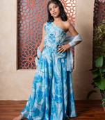 Blue printed crepe lehenga