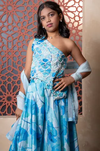 Blue printed crepe lehenga