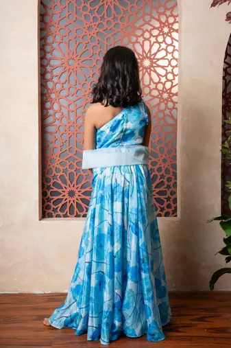 Blue printed crepe lehenga