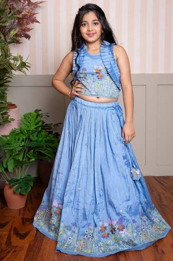 Blue embroidered silk lehenga with top