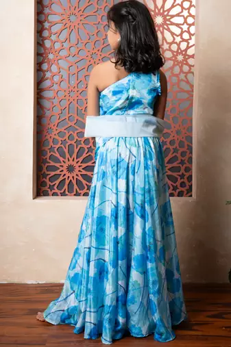 Blue printed crepe lehenga