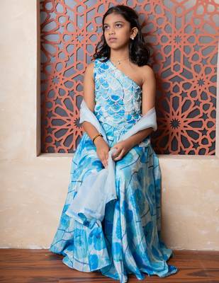 Blue printed crepe lehenga 5