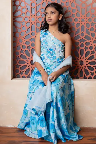 Blue printed crepe lehenga