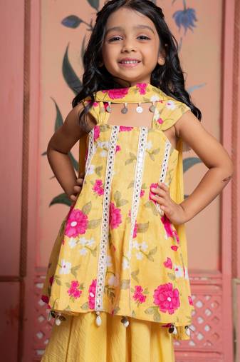 Yellow printed linen Kurta set