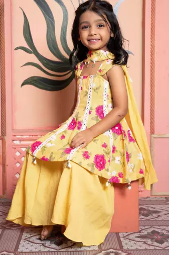Yellow printed linen Kurta set
