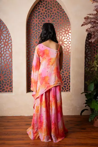 Pink printed satin sharara