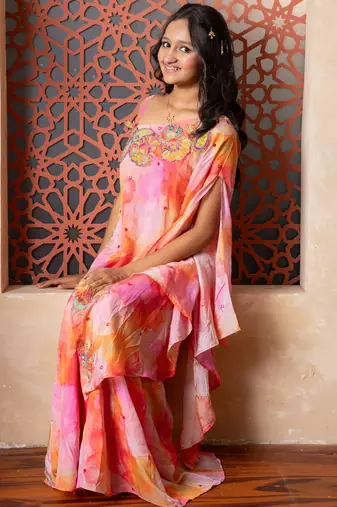 Pink printed satin sharara